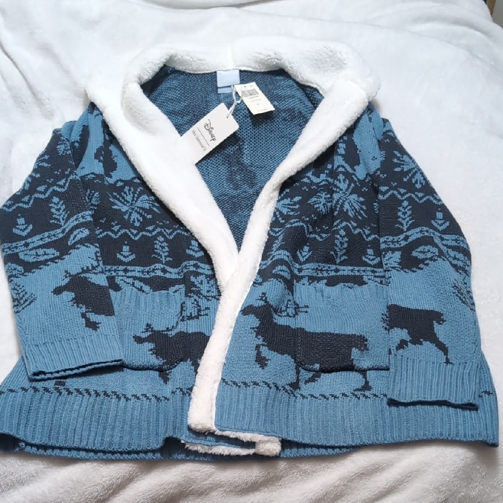 Blue and Black Disney Frozen Patterned Cardigan with White Trim